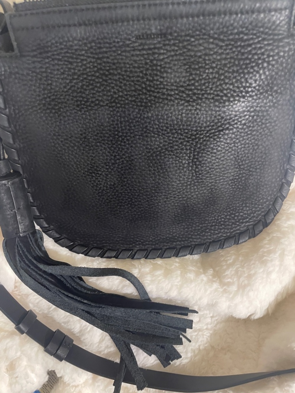 AllSaints Black Leather Crossbody with Braided Edge and Tassel